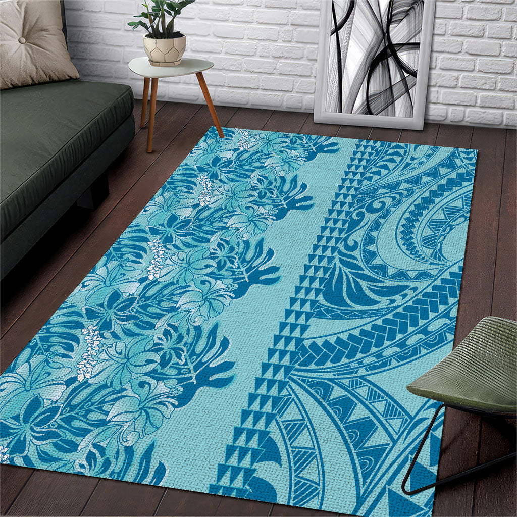 Cyan Hibiscus Monstera Seamless Kakau Hawaii Area Rug LT14 Cyan - Polynesian Pride