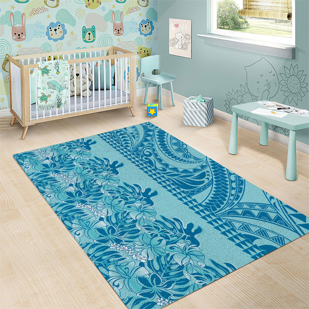 Cyan Hibiscus Monstera Seamless Kakau Hawaii Area Rug LT14 - Polynesian Pride