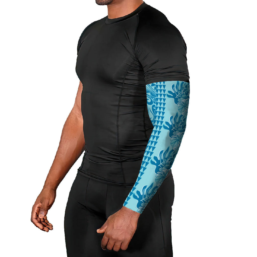 Cyan Hibiscus Monstera Seamless Kakau Hawaii Arm Sleeves LT14 - Polynesian Pride