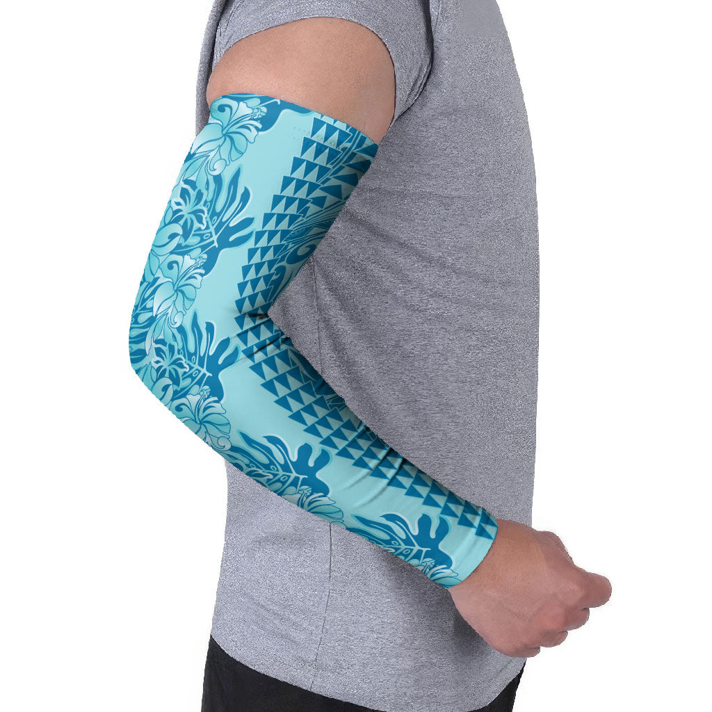 Cyan Hibiscus Monstera Seamless Kakau Hawaii Arm Sleeves LT14 - Polynesian Pride