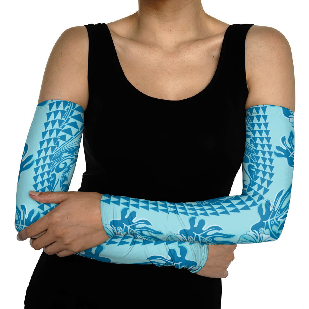 Cyan Hibiscus Monstera Seamless Kakau Hawaii Arm Sleeves LT14 - Polynesian Pride