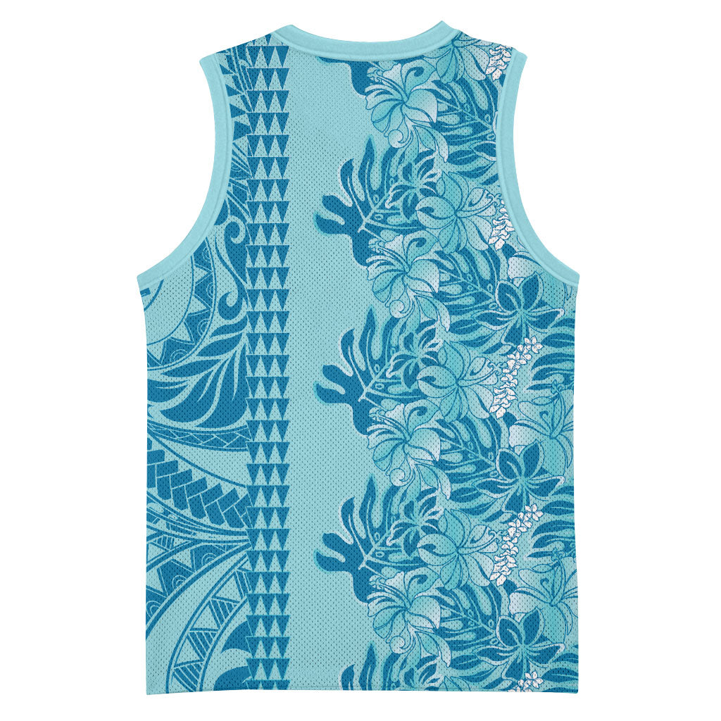 Cyan Hibiscus Monstera Seamless Kakau Hawaii Basketball Jersey LT14 - Polynesian Pride