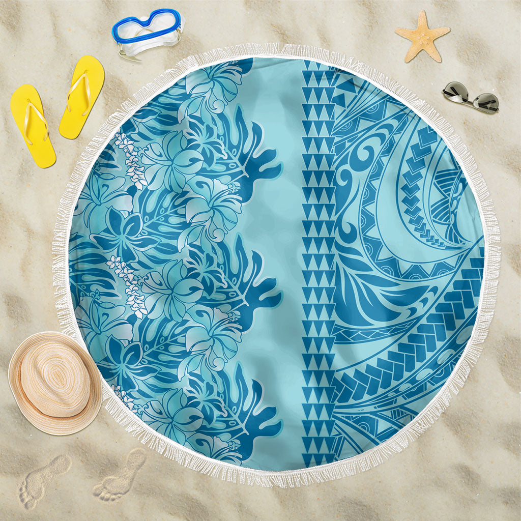 Cyan Hibiscus Monstera Seamless Kakau Hawaii Beach Blanket LT14 One Size 150cm Cyan - Polynesian Pride
