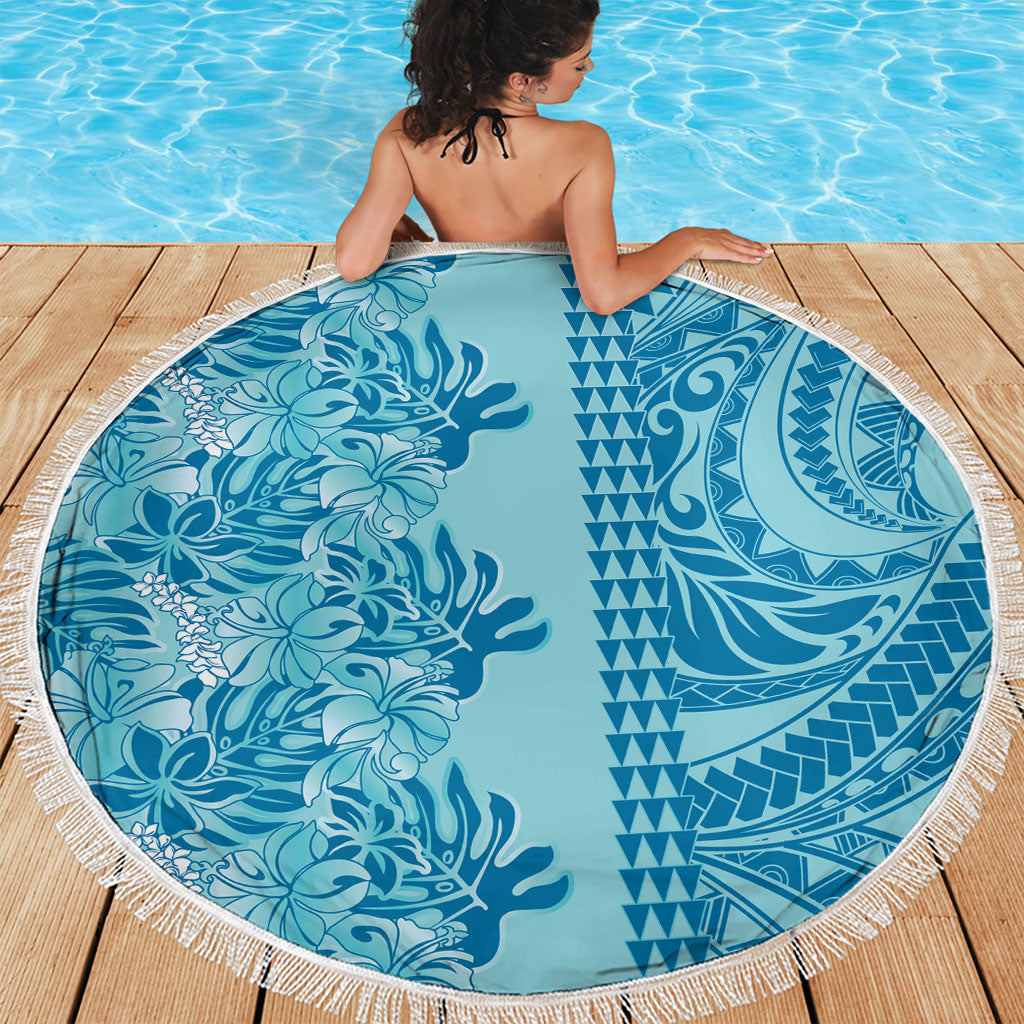 Cyan Hibiscus Monstera Seamless Kakau Hawaii Beach Blanket LT14 - Polynesian Pride