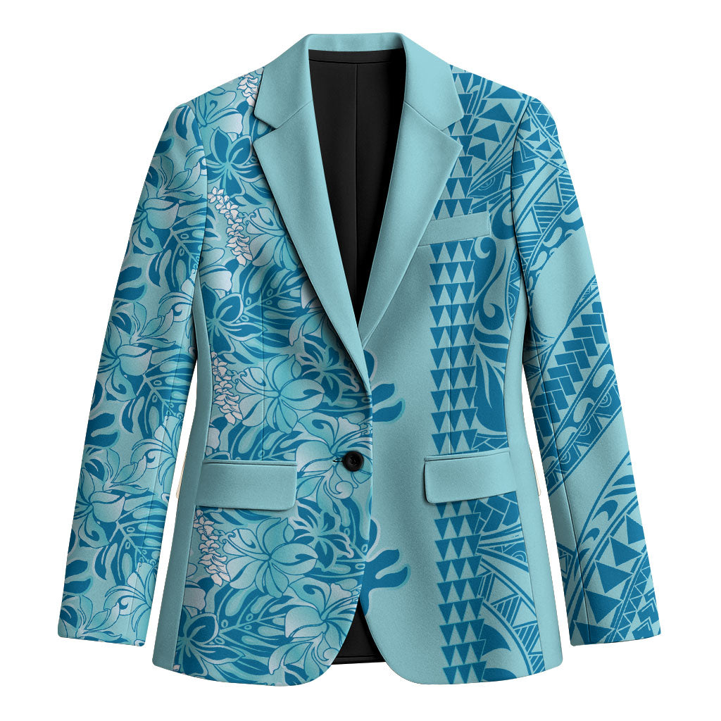 Cyan Hibiscus Monstera Seamless Kakau Hawaii Blazer LT14 Unisex Cyan - Polynesian Pride