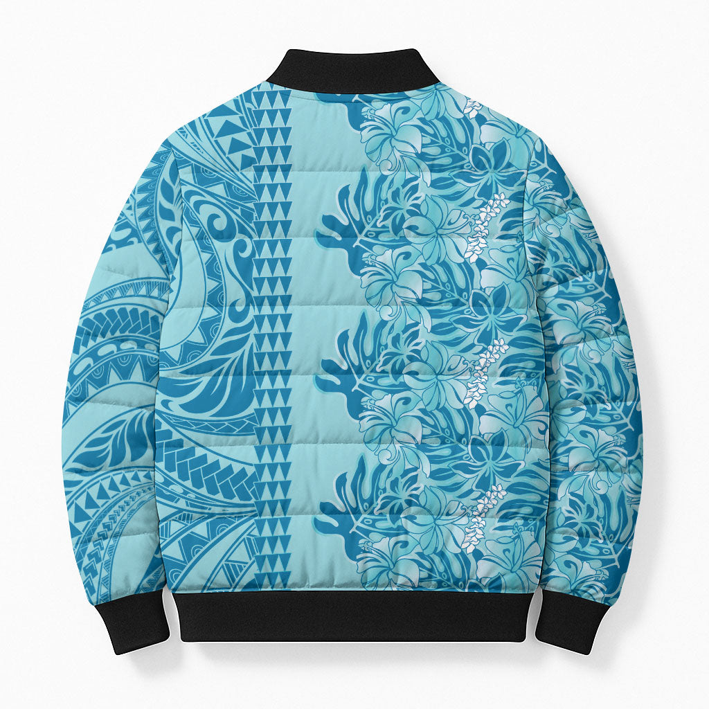 Cyan Hibiscus Monstera Seamless Kakau Hawaii Bomber Puffer Jacket LT14 - Polynesian Pride
