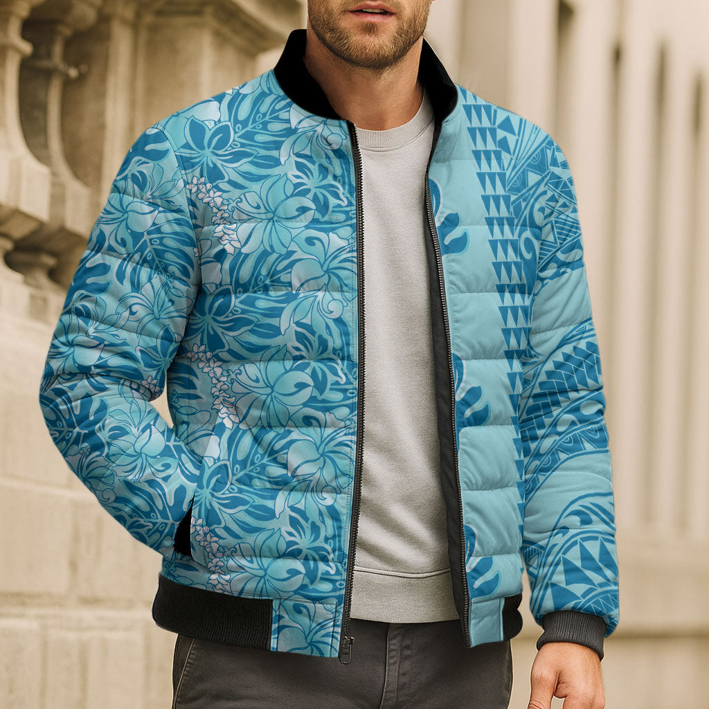 Cyan Hibiscus Monstera Seamless Kakau Hawaii Bomber Puffer Jacket LT14 - Polynesian Pride