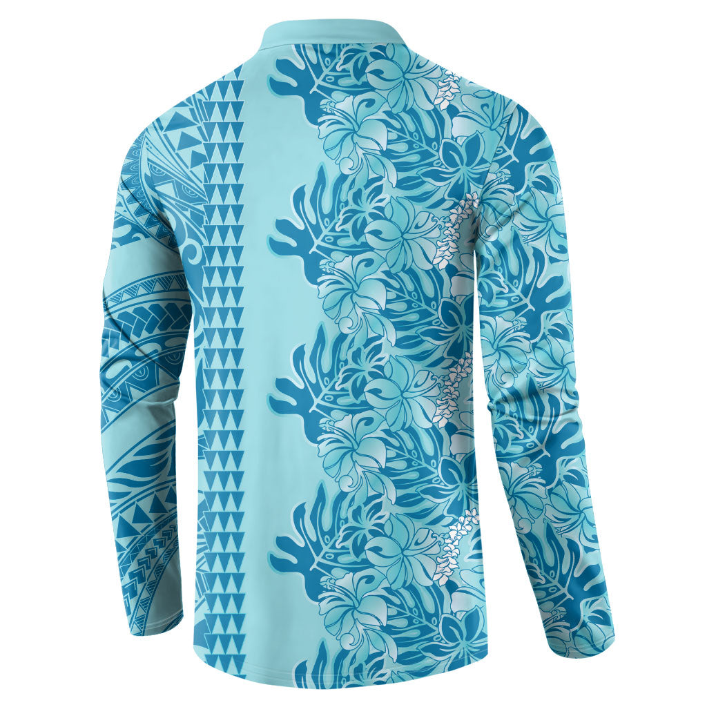 Cyan Hibiscus Monstera Seamless Kakau Hawaii Button Sweatshirt LT14 - Polynesian Pride
