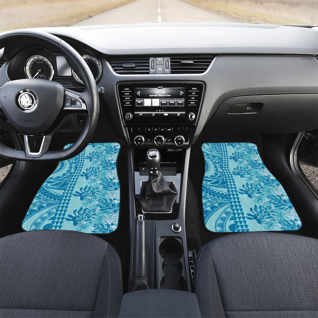 Cyan Hibiscus Monstera Seamless Kakau Hawaii Car Mats LT14 Set 2pcs - Front Cyan - Polynesian Pride