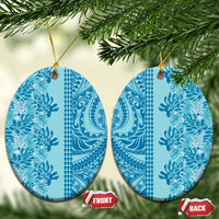 Cyan Hibiscus Monstera Seamless Kakau Hawaii Ceramic Ornament LT14 Oval Cyan - Polynesian Pride