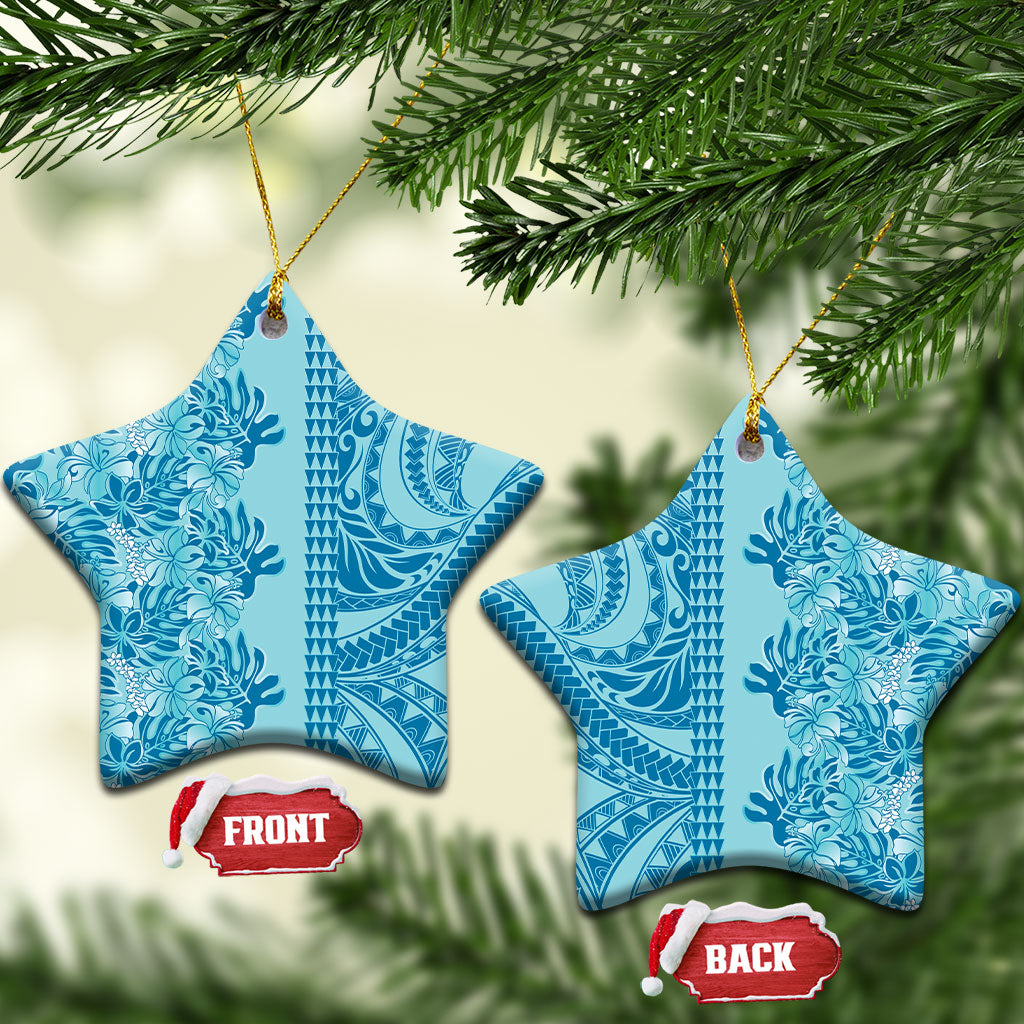 Cyan Hibiscus Monstera Seamless Kakau Hawaii Ceramic Ornament LT14 Star Cyan - Polynesian Pride