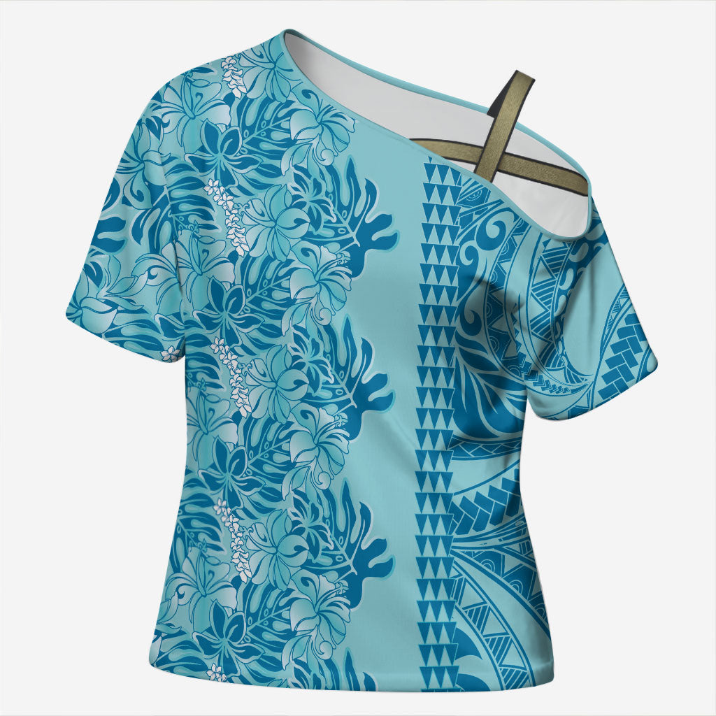 Cyan Hibiscus Monstera Seamless Kakau Hawaii Cross Shoulder Shirt