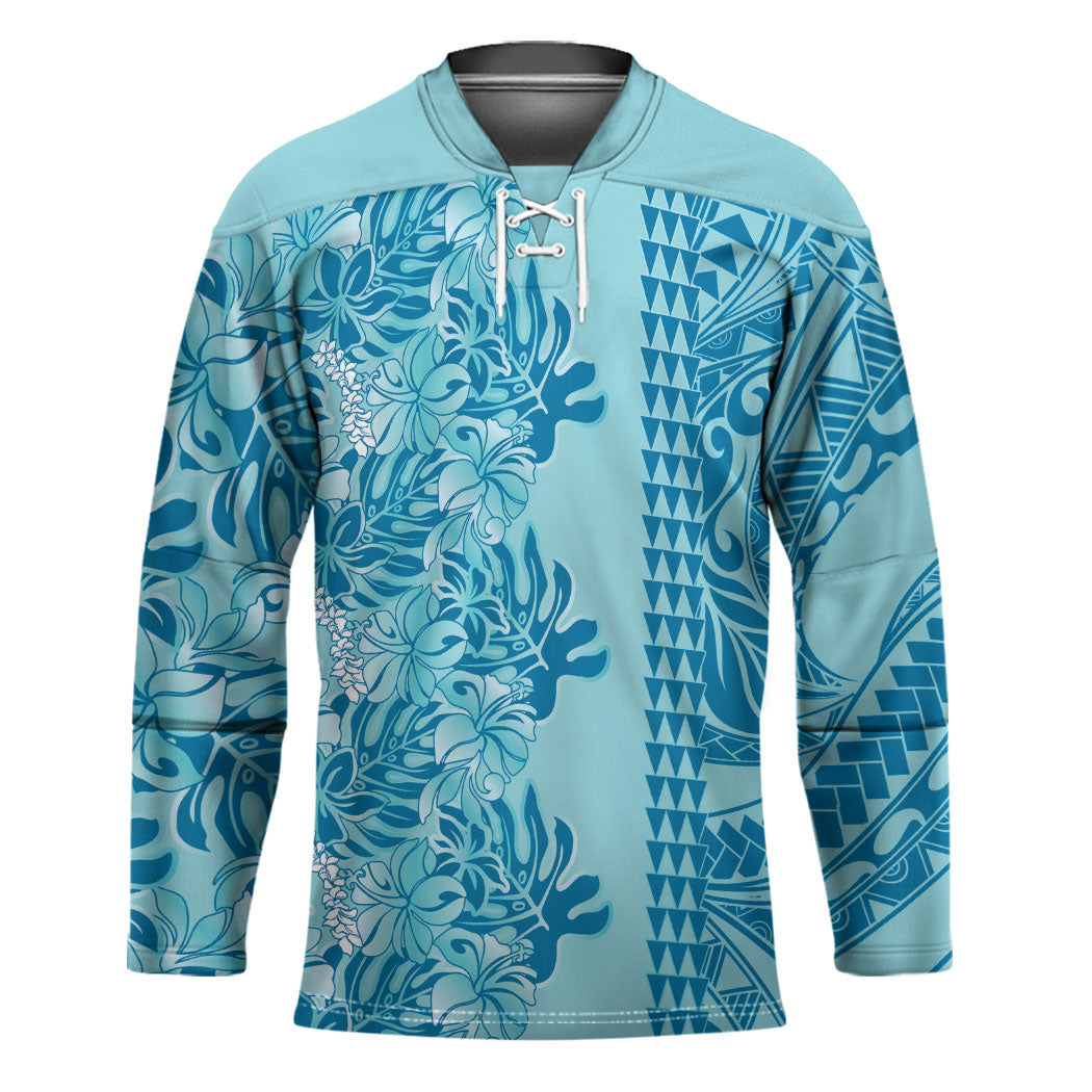Cyan Hibiscus Monstera Seamless Kakau Hawaii Hockey Jersey LT14 Unisex Cyan - Polynesian Pride