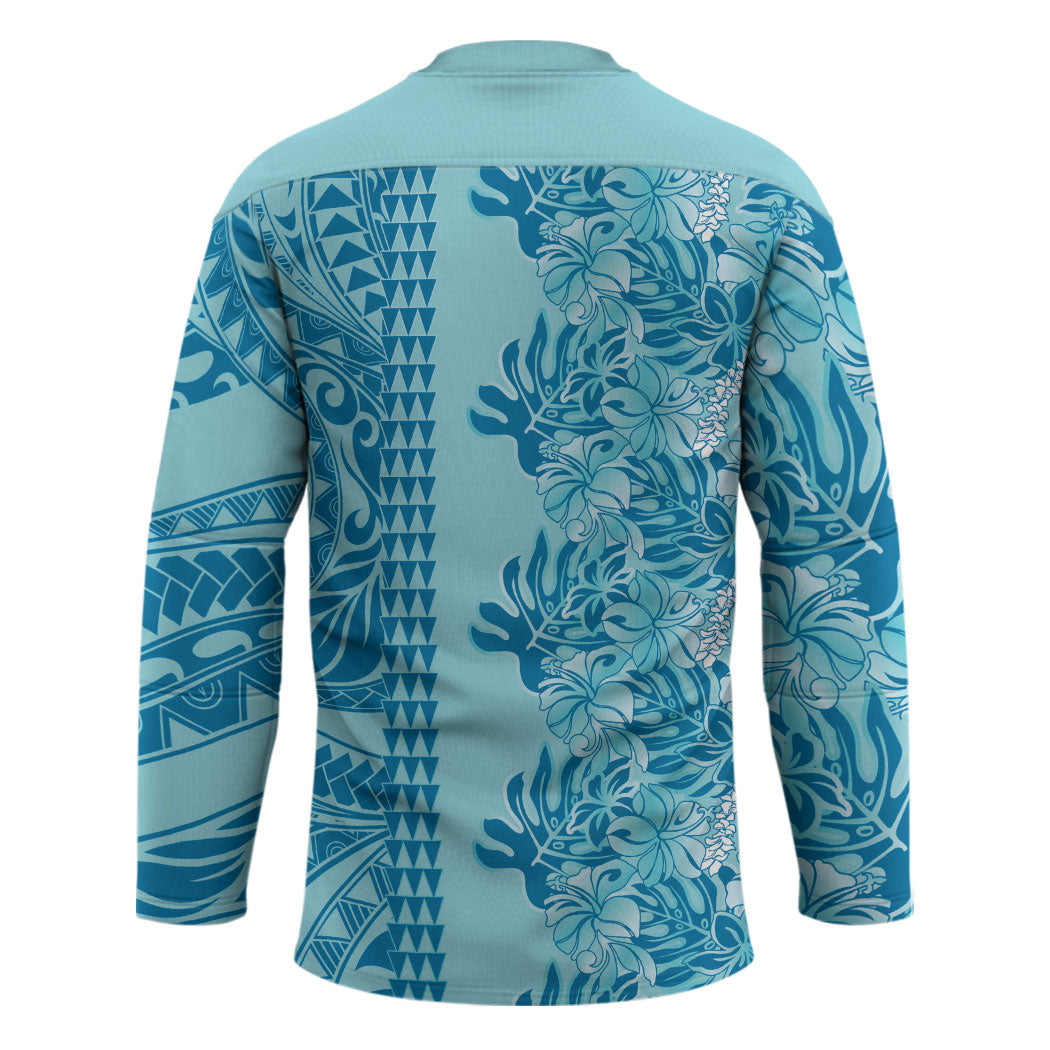 Cyan Hibiscus Monstera Seamless Kakau Hawaii Hockey Jersey LT14 - Polynesian Pride