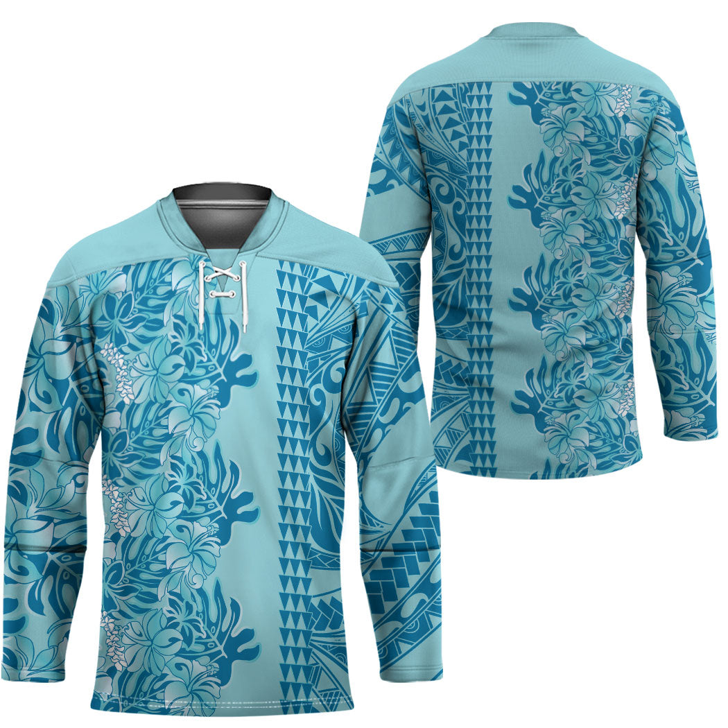 Cyan Hibiscus Monstera Seamless Kakau Hawaii Hockey Jersey LT14 - Polynesian Pride