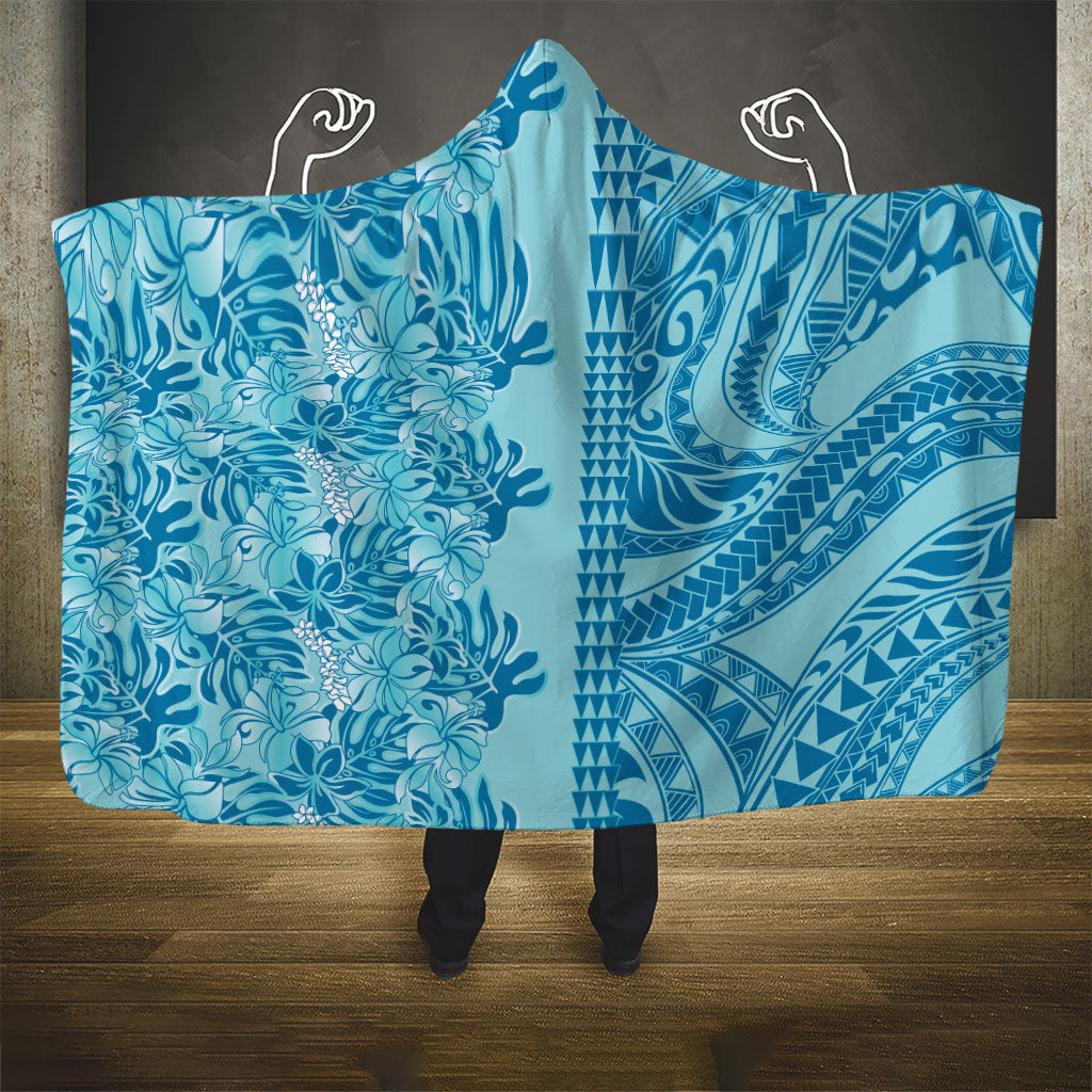 Cyan Hibiscus Monstera Seamless Kakau Hawaii Hooded Blanket LT14 - Polynesian Pride
