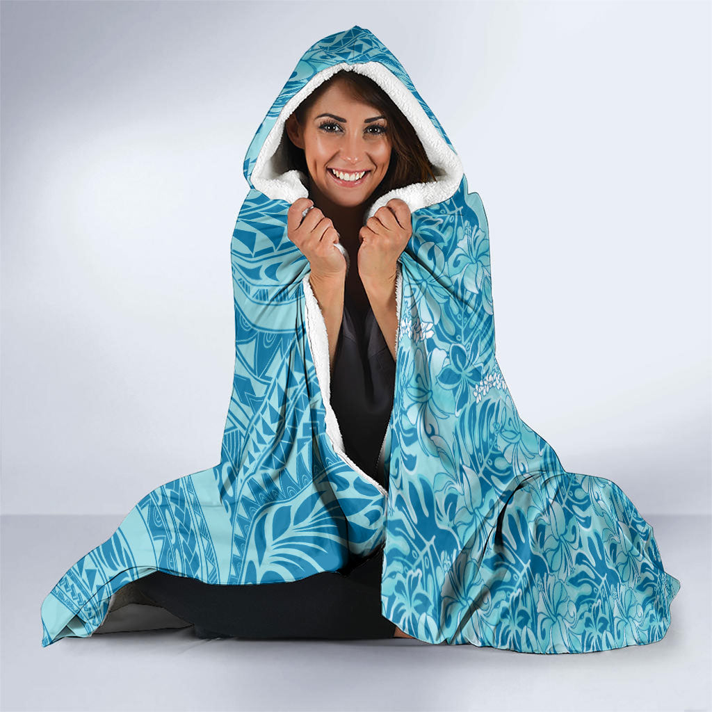 Cyan Hibiscus Monstera Seamless Kakau Hawaii Hooded Blanket LT14 - Polynesian Pride