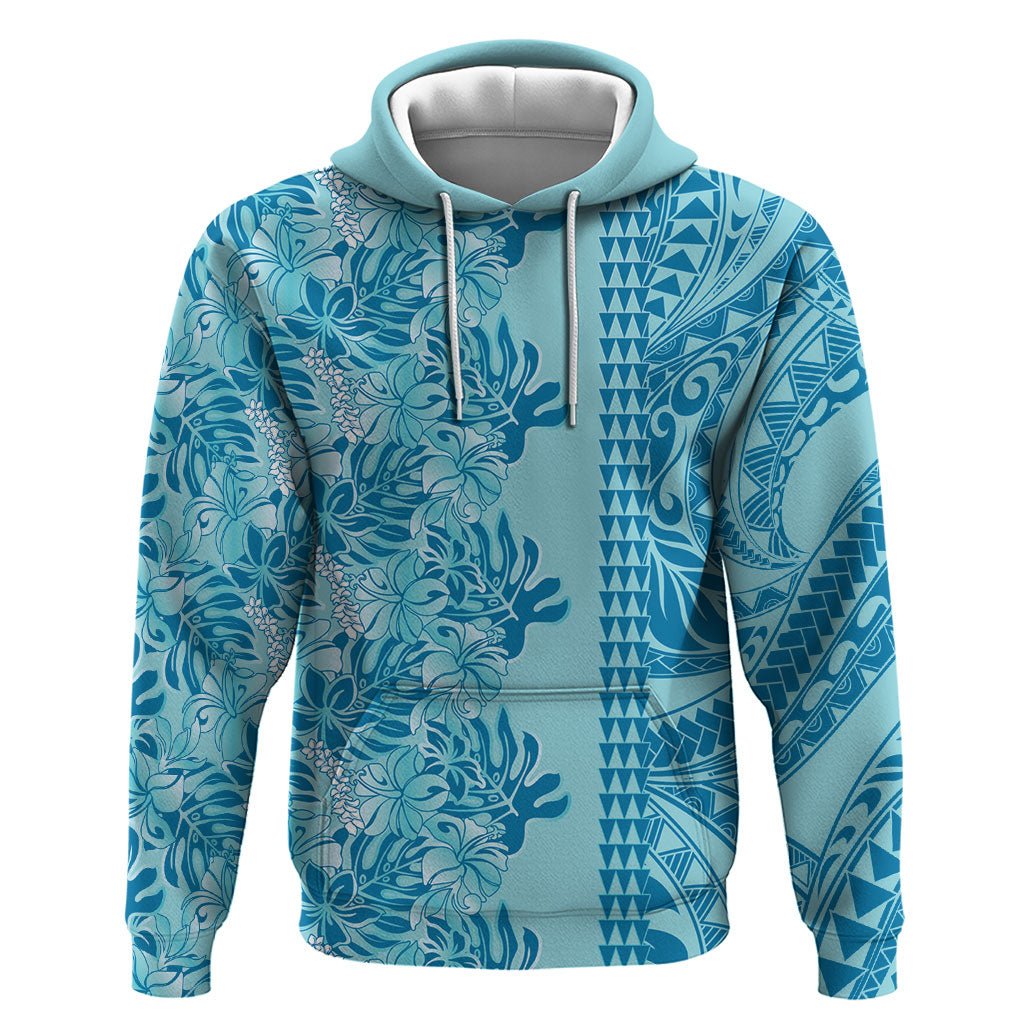Cyan Hibiscus Monstera Seamless Kakau Hawaii Hoodie LT14 Pullover Hoodie Cyan - Polynesian Pride