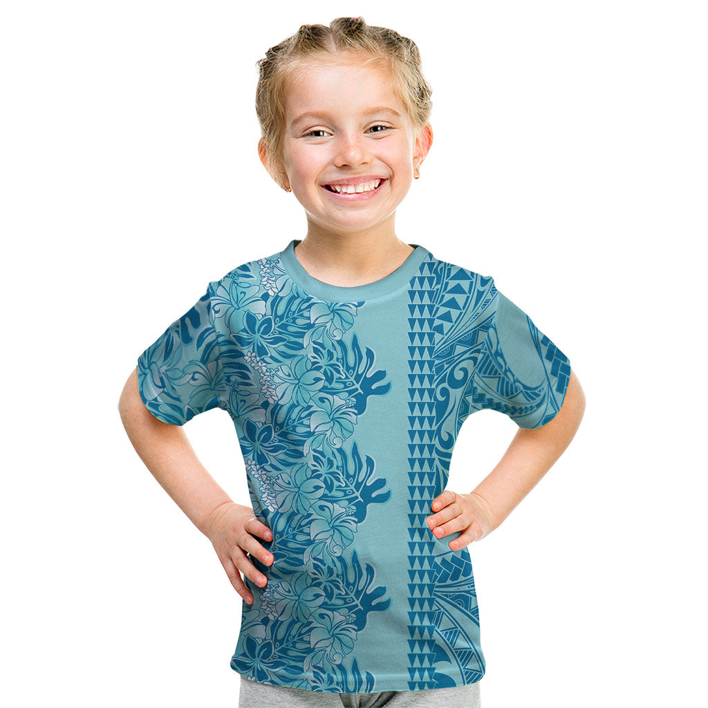 Cyan Hibiscus Monstera Seamless Kakau Hawaii Kid T Shirt LT14 Cyan - Polynesian Pride