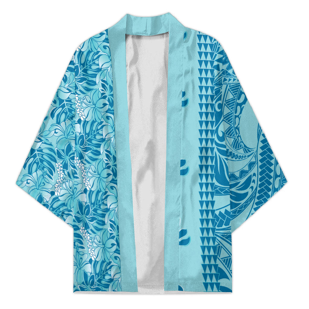 Cyan Hibiscus Monstera Seamless Kakau Hawaii Kimono LT14 Unisex Cyan - Polynesian Pride