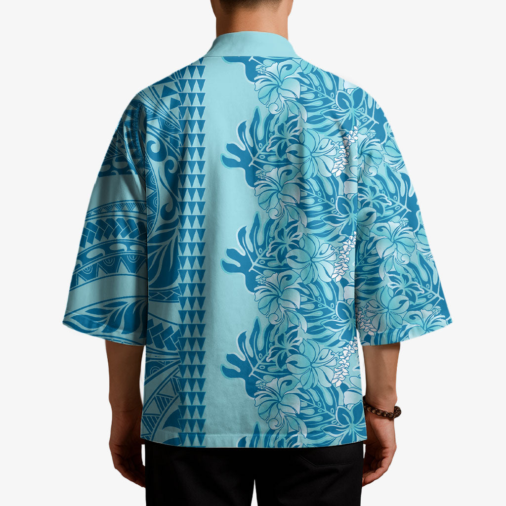 Cyan Hibiscus Monstera Seamless Kakau Hawaii Kimono LT14 - Polynesian Pride