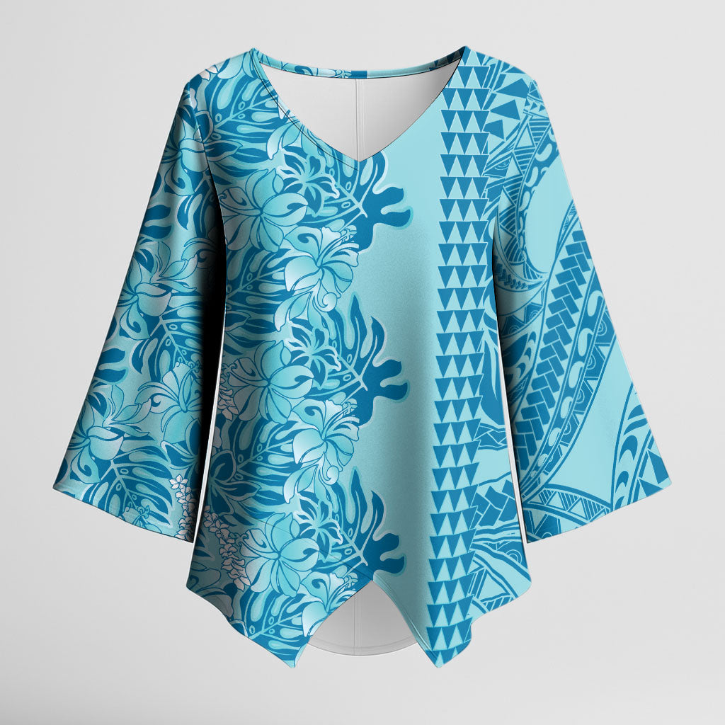 Cyan Hibiscus Monstera Seamless Kakau Hawaii Kimono Sleeve Blouse LT14 Female Cyan - Polynesian Pride
