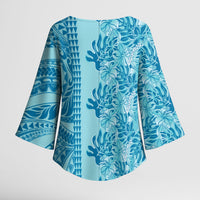 Cyan Hibiscus Monstera Seamless Kakau Hawaii Kimono Sleeve Blouse LT14 - Polynesian Pride