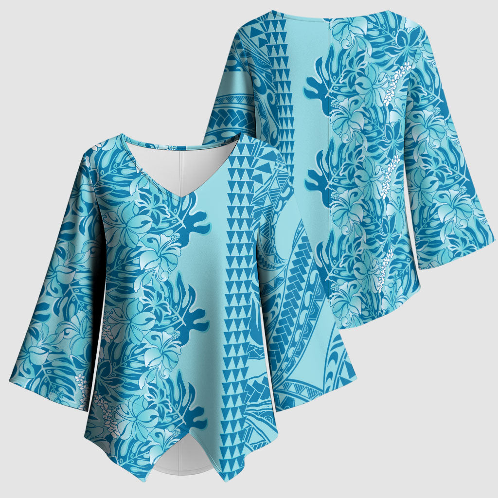 Cyan Hibiscus Monstera Seamless Kakau Hawaii Kimono Sleeve Blouse LT14 - Polynesian Pride