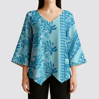Cyan Hibiscus Monstera Seamless Kakau Hawaii Kimono Sleeve Blouse LT14 - Polynesian Pride