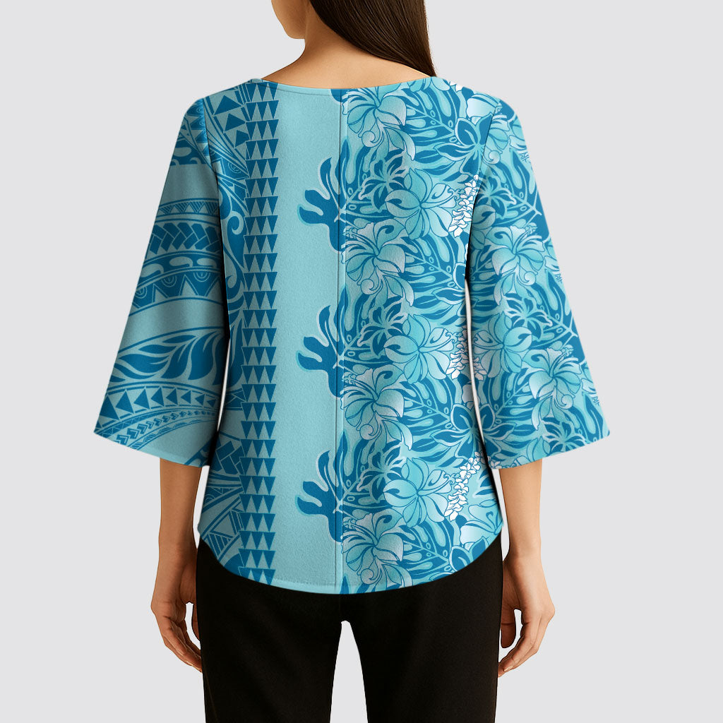 Cyan Hibiscus Monstera Seamless Kakau Hawaii Kimono Sleeve Blouse LT14 - Polynesian Pride