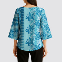 Cyan Hibiscus Monstera Seamless Kakau Hawaii Kimono Sleeve Blouse LT14 - Polynesian Pride