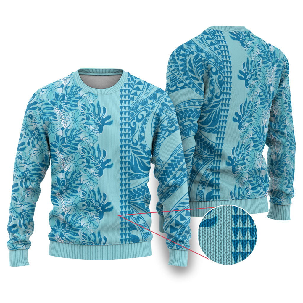 Cyan Hibiscus Monstera Seamless Kakau Hawaii Ugly Christmas Sweater