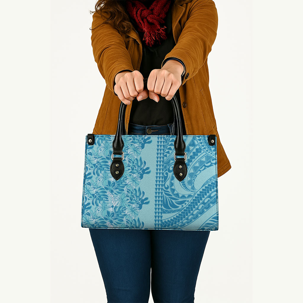 Cyan Hibiscus Monstera Seamless Kakau Hawaii Leather Bag LT14 - Polynesian Pride