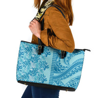 Cyan Hibiscus Monstera Seamless Kakau Hawaii Leather Tote Bag LT14 Cyan - Polynesian Pride