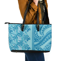Cyan Hibiscus Monstera Seamless Kakau Hawaii Leather Tote Bag LT14 - Polynesian Pride