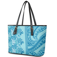 Cyan Hibiscus Monstera Seamless Kakau Hawaii Leather Tote Bag LT14 - Polynesian Pride