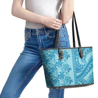 Cyan Hibiscus Monstera Seamless Kakau Hawaii Leather Tote Bag LT14 - Polynesian Pride