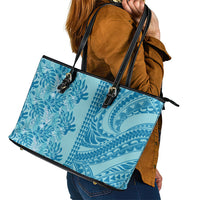 Cyan Hibiscus Monstera Seamless Kakau Hawaii Leather Tote Bag LT14 - Polynesian Pride
