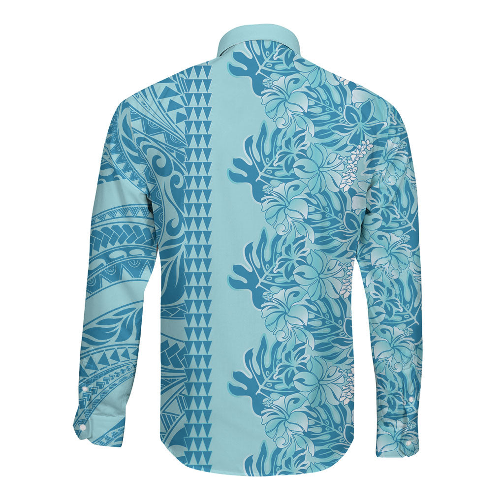 Cyan Hibiscus Monstera Seamless Kakau Hawaii Long Sleeve Button Shirt LT14 - Polynesian Pride