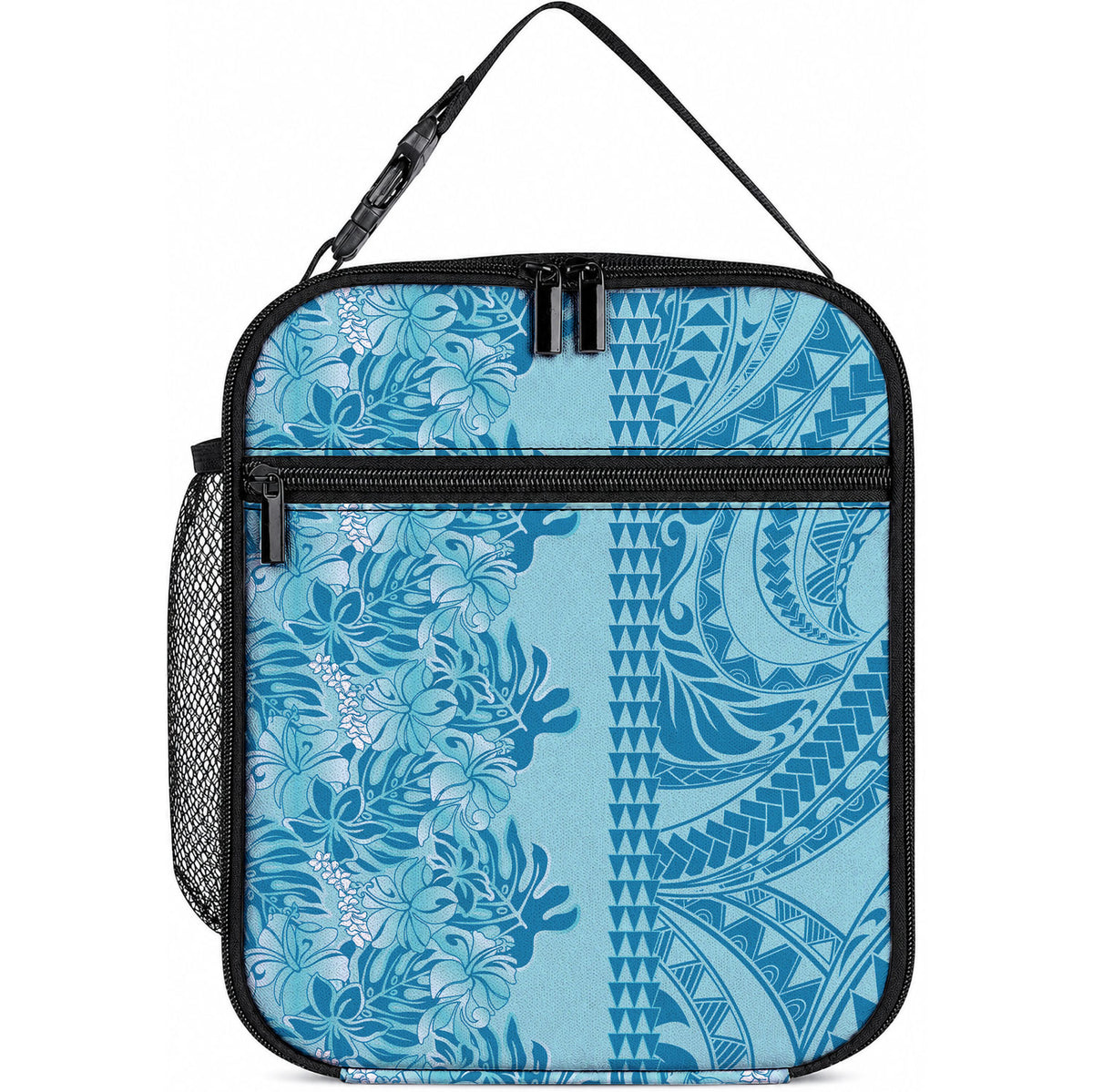 Cyan Hibiscus Monstera Seamless Kakau Hawaii Lunch Bag LT14 10.2 × 8.3 × 4.3 inch Cyan - Polynesian Pride