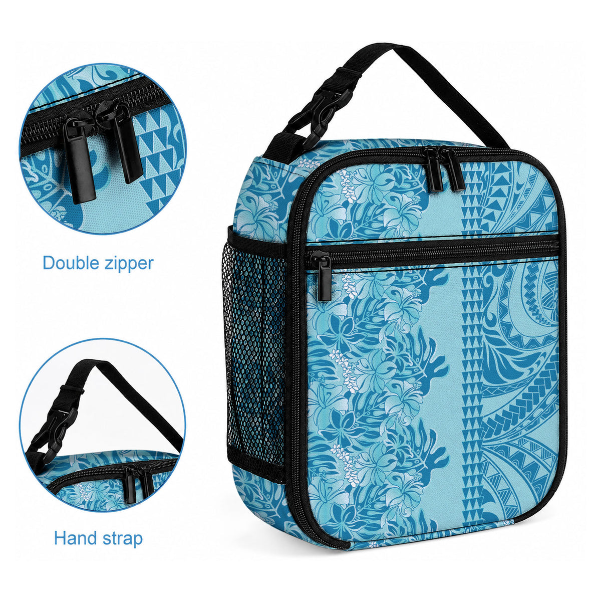 Cyan Hibiscus Monstera Seamless Kakau Hawaii Lunch Bag LT14 - Polynesian Pride