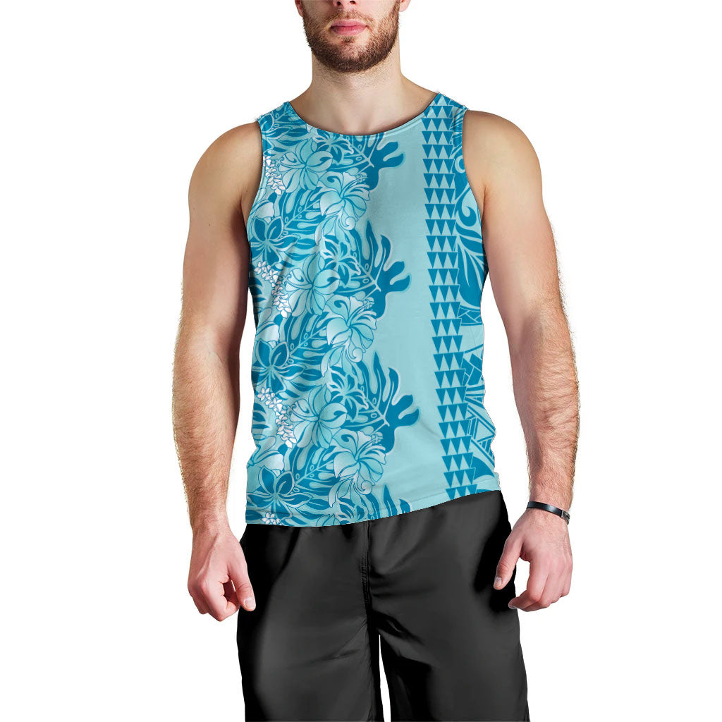 Cyan Hibiscus Monstera Seamless Kakau Hawaii Men Tank Top LT14 - Polynesian Pride