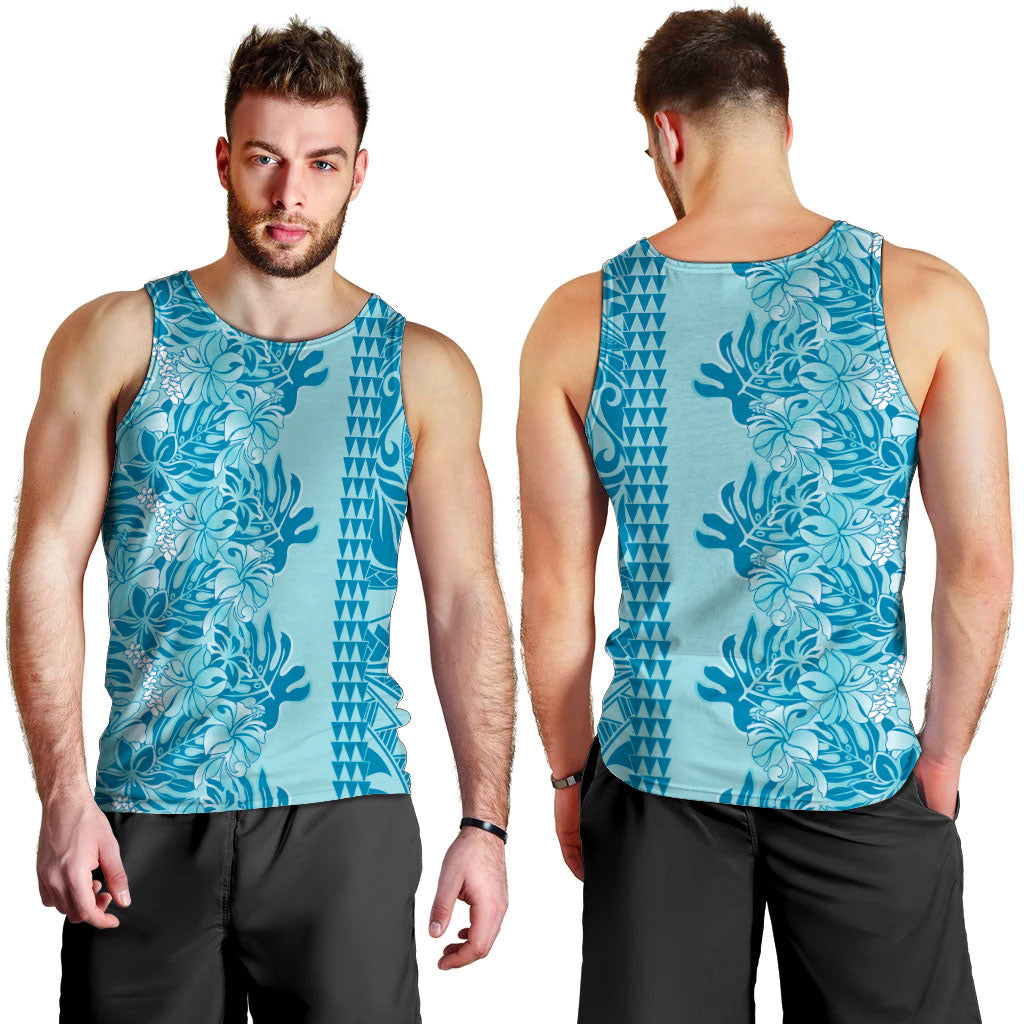 Cyan Hibiscus Monstera Seamless Kakau Hawaii Men Tank Top LT14 - Polynesian Pride
