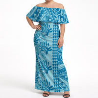 Cyan Hibiscus Monstera Seamless Kakau Hawaii Off Shoulder Maxi Dress LT14 Women Cyan - Polynesian Pride