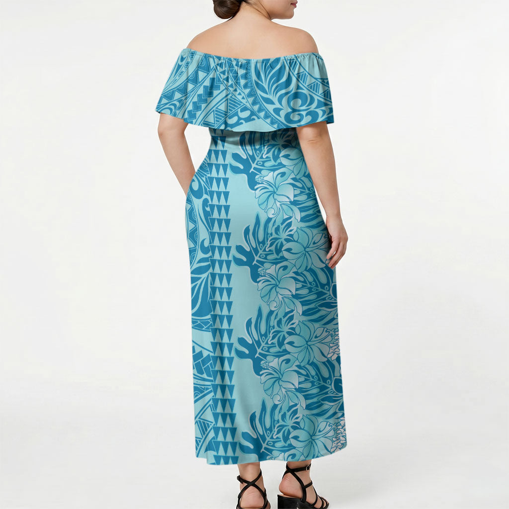 Cyan Hibiscus Monstera Seamless Kakau Hawaii Off Shoulder Maxi Dress LT14 - Polynesian Pride