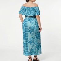 Cyan Hibiscus Monstera Seamless Kakau Hawaii Off Shoulder Maxi Dress LT14 - Polynesian Pride