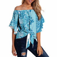 Cyan Hibiscus Monstera Seamless Kakau Hawaii Off Shoulder Wrap Waist Top LT14 Cyan - Polynesian Pride