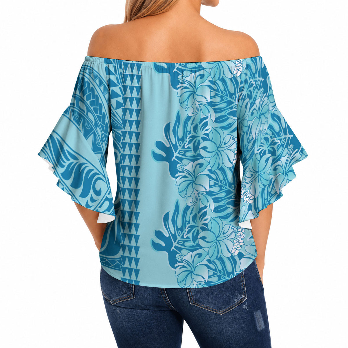 Cyan Hibiscus Monstera Seamless Kakau Hawaii Off Shoulder Wrap Waist Top LT14 - Polynesian Pride
