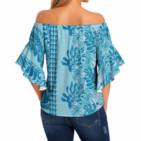 Cyan Hibiscus Monstera Seamless Kakau Hawaii Off Shoulder Wrap Waist Top LT14 - Polynesian Pride