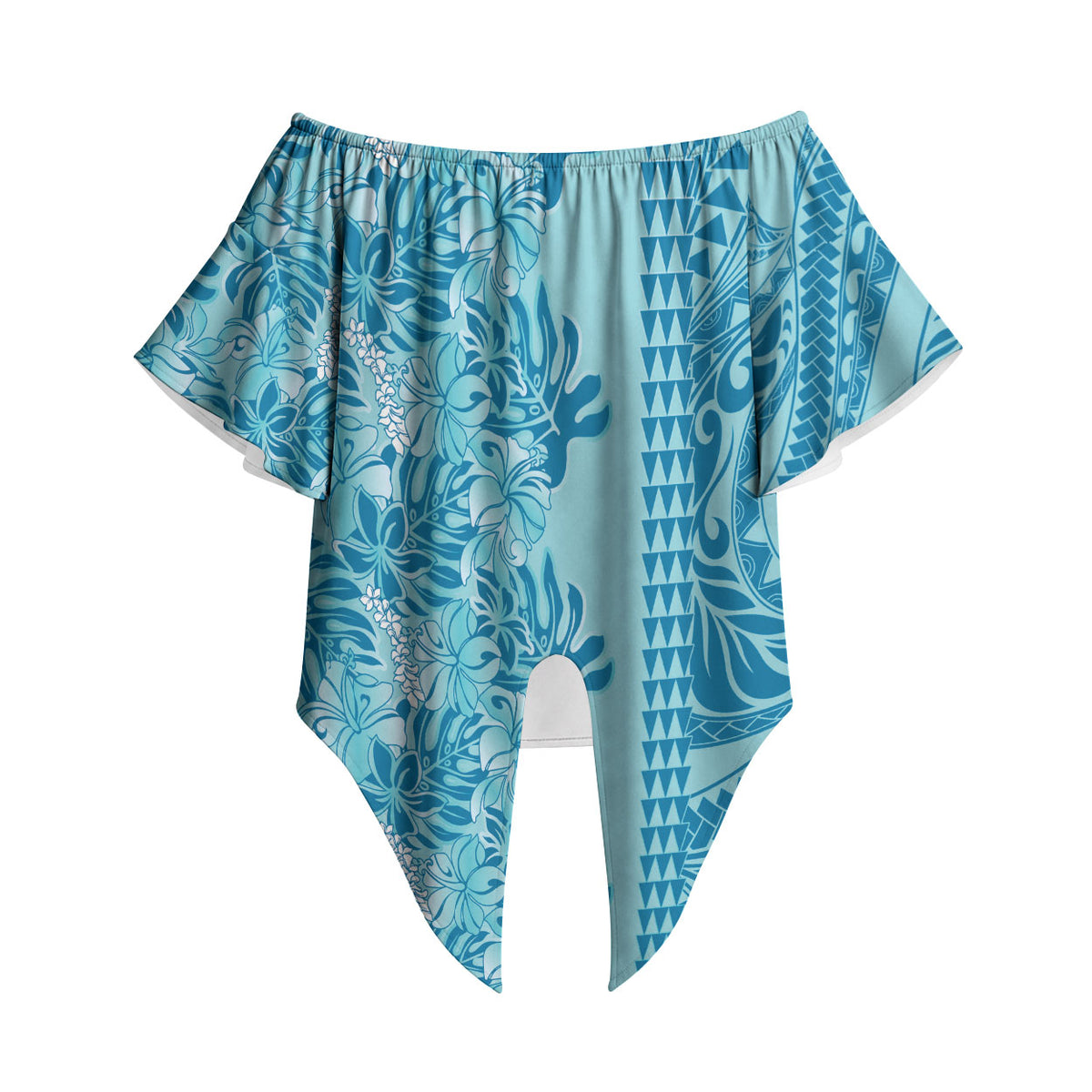 Cyan Hibiscus Monstera Seamless Kakau Hawaii Off Shoulder Wrap Waist Top LT14 - Polynesian Pride